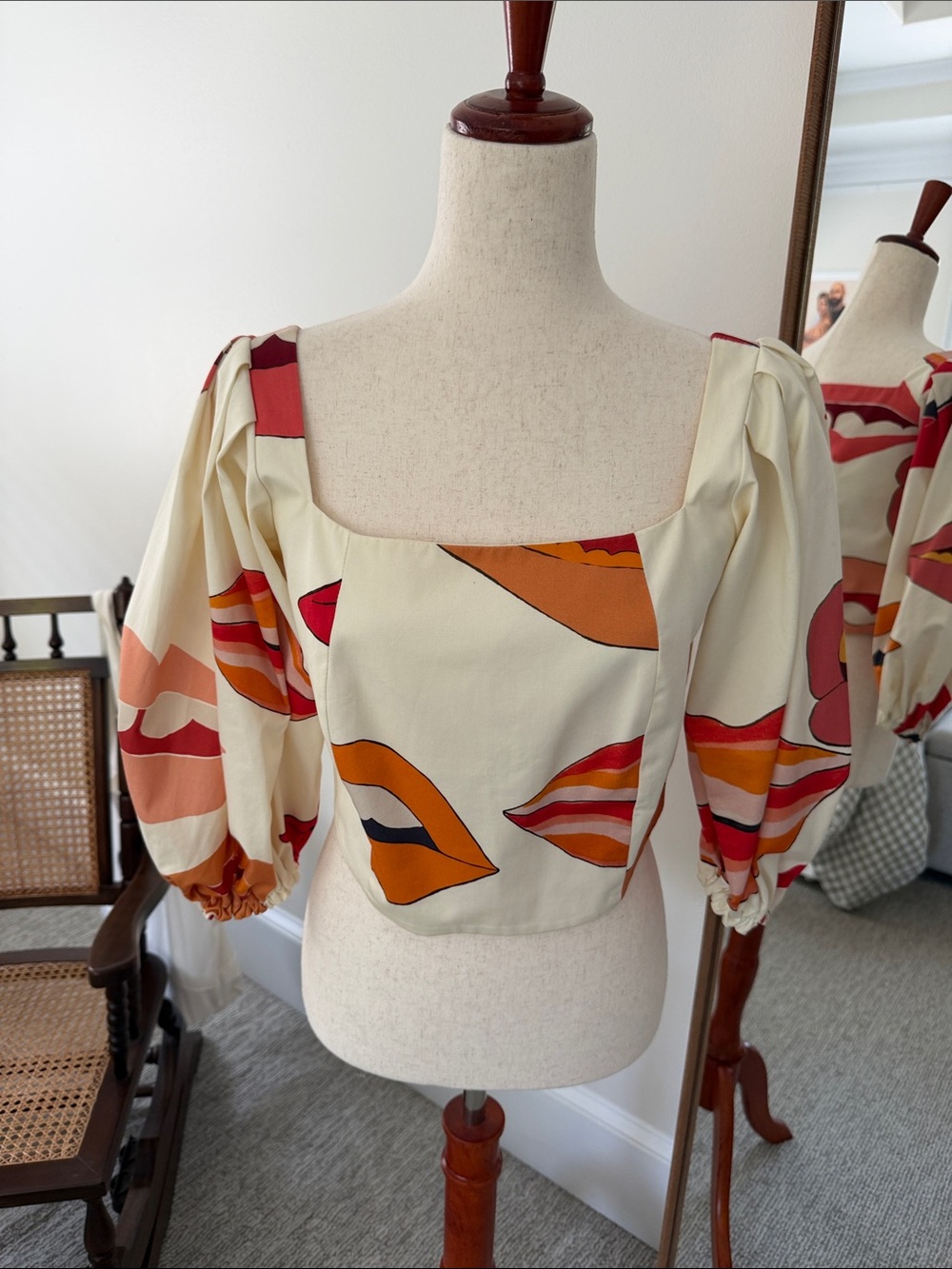 Prada Cream Blouse with Red, Orange & Pink Lip Print